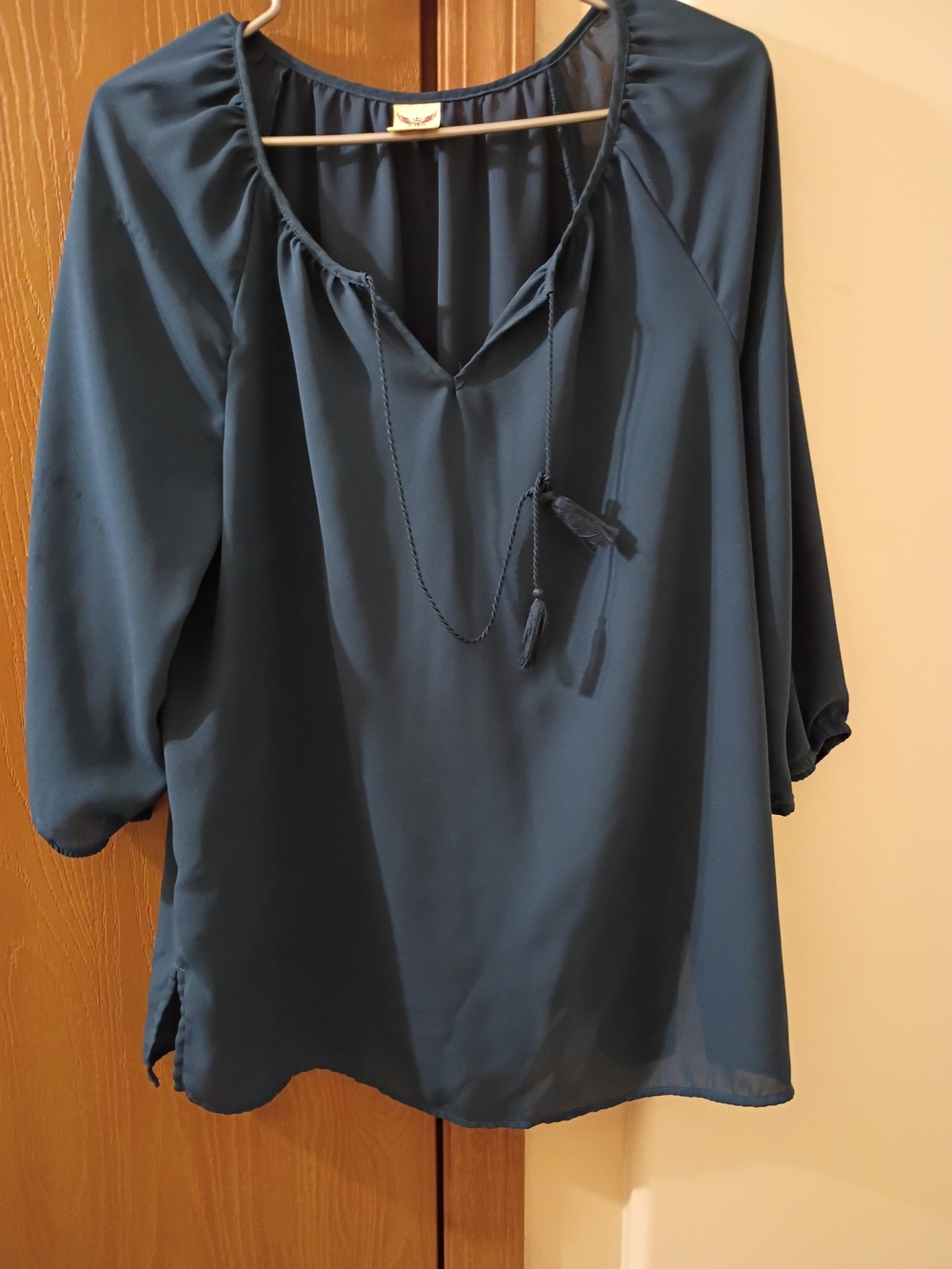 Faded Glory Teal Peasant Blouse with Tassel Tie